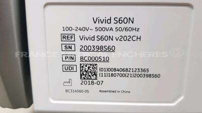 GE Ultrasound Vivid S60 v202CH - YOM 2018 - S/W 20.21.4 - in excellent condition - tested and controlled by GE Healthcare – ready for clinical use - Options - Vivid S60 - Contraste VG - View X - AFI - Tissue Tracking w/ NEW GE Probe 3Sc-RS and ECG Leads - 13