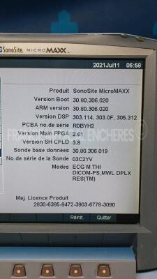 SonoSite Ultrasound MicroMaxx - YOM 2008 - S/W 3.8 w/ SonoSite Probe C8e/8-5 - YOM 2008 and SonoSite Probe C60e/5-2 - YOM 2008 - no detected (Powers up) *03C2YV/03C1ZC/03BLX3* - 4