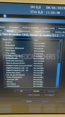 Philips Ultrasound CX50 - YOM 12/2009 - S/W 3.1.1 - Options Vascular Abdominal - Adult ultrasound - Cerebrovascular - DICOM networking - DICOM structured reporting - Manual 3D gray scale - OVG contrast - Peripheral vascular - Physio - QLAB-IMT - QLAB-ROI - 7