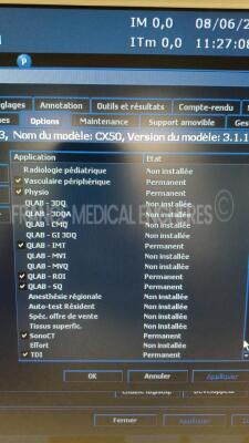 Philips Ultrasound CX50 - YOM 12/2009 - S/W 3.1.1 - Options Vascular Abdominal - Adult ultrasound - Cerebrovascular - DICOM networking - DICOM structured reporting - Manual 3D gray scale - OVG contrast - Peripheral vascular - Physio - QLAB-IMT - QLAB-ROI - 8