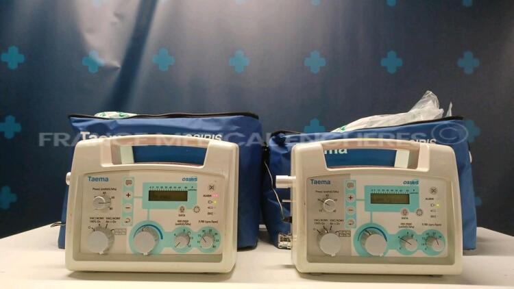 Lot of 2 x Taema Ventilators Osiris 2 - S/W V1.020 - w/ power supplies and transport bags (Powers up) *B1503/B1499*