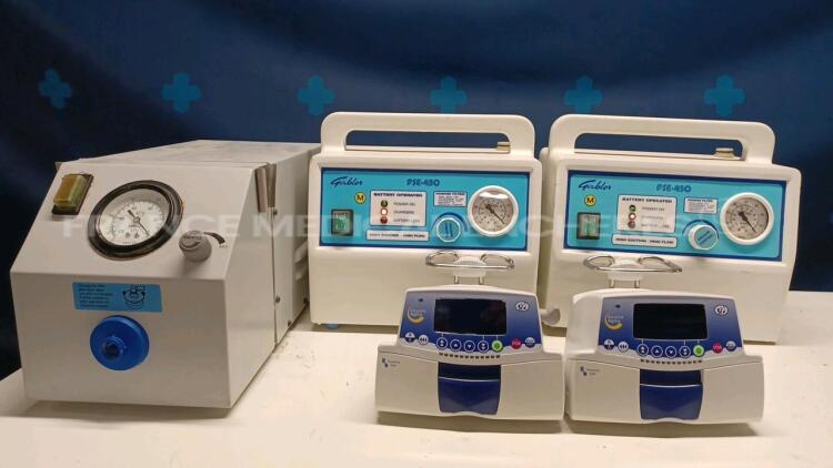 Lot of 2x Gabler Suction Pumps FSE 450 and 2x Fresenius Perfusion Pumps Volumat Agilia PL and 1x ConMed Suction Pump System500 (All power up) *20434141/20434151/105340912/105180912/WO100710003*