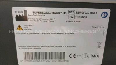 Supersonic Imagine Ultrasound Mach 30 - YOM 07/2021 - S/W 3.0.0+SP2 - Options - Biopsy/BMode ratio/DICOM/DICOM Q/R/ DICOM SR OB-GYN/DICOM SR vascular/ DICOM SR 1500/ Foot pedal/High PRF/Laser Printer/Neonatal head/Online Services/Panaromic/Thermal printer - 18