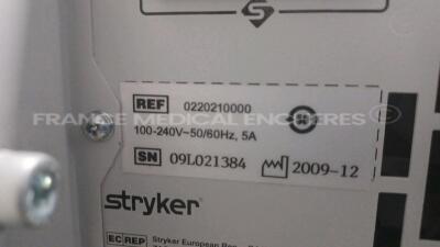 Stryker Stack Trolley with 1 x Stryker LED Light Source L9000 YOM 2009 and 1 x Stryker High Definition Camera Control Unit 1288HD YOM 2009 and 1 x Stryker Camera Head 1288HD and 1 x Stryker Flat Panel Monitor 21’’ 240-030-930 (All power up) *SVE217A0129/ - 12