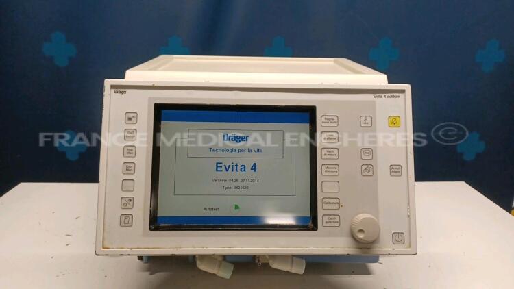 Drager Ventilator Evita 4 - YOM 2007 - S/W 04.26 - Type 8421828 - Count 81846 hours - Italian Language (Powers up - Damaged - See Pictures) *ARYM-0399*