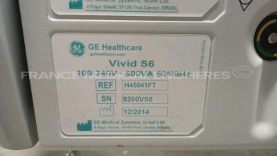 GE Ultrasound Vivid S6 - YOM 2014 - S/W 12.2 - Options - ATO/ASO - Anatomis TM - Tissue Velocity Imaging Tissue Tracking / M4S-RS - LOGIQView - Convex Virtual - TEE - Exportation USB - Stress Optim - DICOM - AFI w/ GE Probe 9L-RS - YOM 2014 and Sony Digit - 18