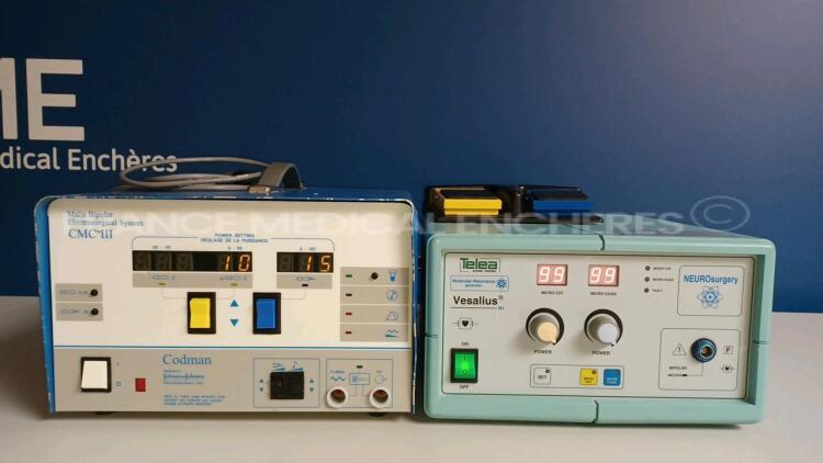 Lot of 1 x Codman Bipolar Electrosurgical System CMC III and 1 x Telea Molecular Resonance Generator Vesalius - w/ 1 x Dual Footswitch (Both power up) *3WHP587/06040100*