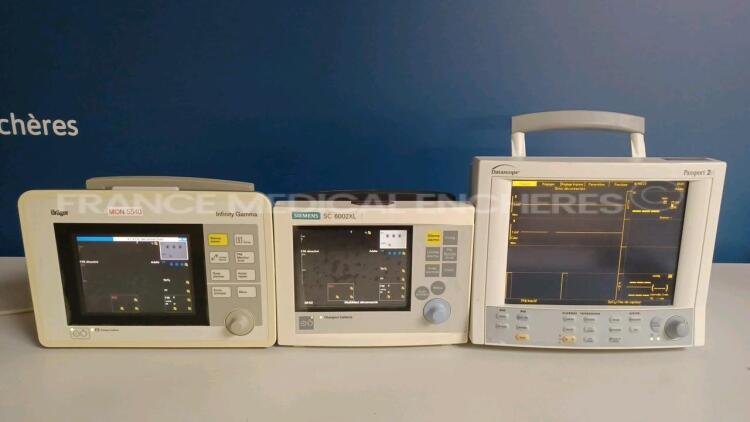 Lot of 1 x Drager Patient Monitor Infinity Gamma - YOM 2005 - S/W VF6.3-W and 1 x Siemens Patient Monitor SC6002XL - YOM 2003 - S/W VF2.6-W and 1 x Datascope Patient Monitor Passport 2LT - no power supplies (All power up) *cm12476l1/5512507968/5513667365*