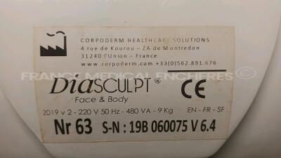 Corpoderm Short Infrared Esthetic Device Diasculpt - YOM 2019 - S/W 6.5 - designed to provide slimming and anti-aging treatments with Diasculpt generator - 1 x Diatetev face handpiece - 1 x Diatetec Body handpiece - 1x pack Digitics boost - w/ Transpo - 10