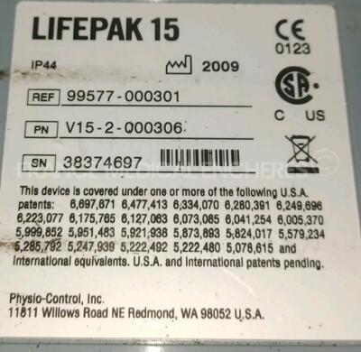 Medtronic Physio-Control Monitor/Defibrillator LIFEPAK 15 - YOM 2009 - S/W 3207410-007 - User Test Passed - Options - Pacer, CO2, SPO2, NIBP, ECG, Auxiliary Power and Printer - w/ Paddles and 2 x Physio-Control Li-ion Rechargeable Batteries and 1 x Carry - 11