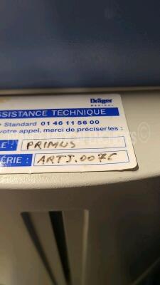 Drager Ventilator Primus - S/w 4.50 count mixer 6433 hours ventilator 19963 hours (Powers up) *ARTJ.0076* - 7