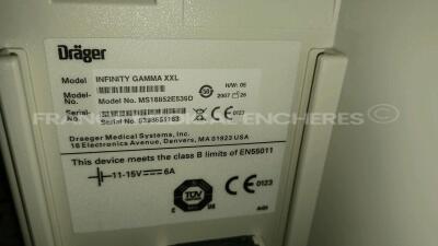 Lot of 4 x Drager Patient Monitors Infinity Gamma XXL - YOM 2007 - S/W VF7.3-W - French Language - w/ 4 x Drager Monitor Docking Stations and 4 x Power Supplies and 4 x ECG Leads and 2 x SPO2 Sensors (Both Power Up - Damaged - See Pictures) *5398651163/53 - 12