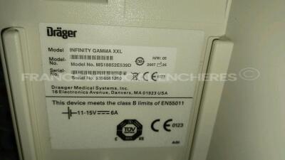 Lot of 4 x Drager Patient Monitors Infinity Gamma XXL - YOM 2007 - S/W VF7.3-W - French Language - w/ 4 x Drager Monitor Docking Stations and 4 x Power Supplies and 4 x ECG Leads and 2 x SPO2 Sensors (Both Power Up - Damaged - See Pictures) *5398651163/53 - 24