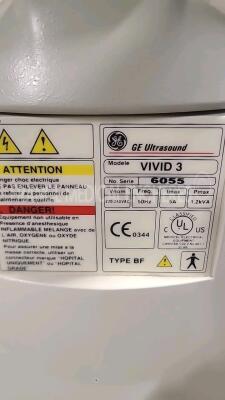 GE Ultrasound Vivid 3 Expert - YOM 2004 - S/W 3.2 - options archive patient - TManat - w/ 3S probe YOM 2004 - 10L probe (see pictures of the tests (Powers up) *6055/18921WX7/1006578YM7* - 17