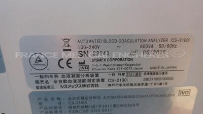 Sysmex Automated Blood Coagulation Analyzer CS-2100 - YOM 2015 - missing Workstation (Powers up) *22943* - 9