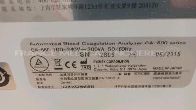 Sysmex Automated Blood Coagulation Analyzer CA-600 series - YOM 2015 - missing Workstation (Powers up) *12899* - 6