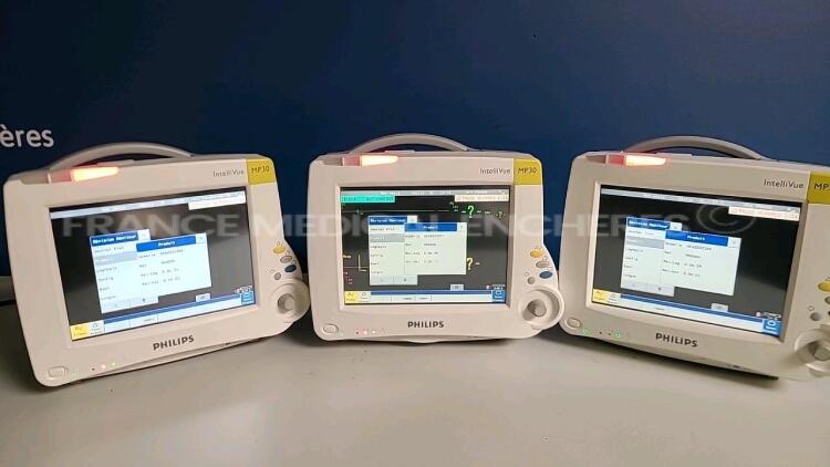 Lot of 3 x Philips Patient Monitors IntelliVue MP30 -YOM 2006/2007/2007 - S/W 01.31/00.58/00.59 (All power up) *DE62233340/DE62225855/DE6223332