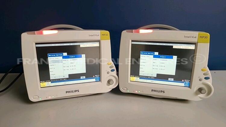 Lot of 2 x Philips Patient Monitors IntelliVue MP30 -YOM 2006 - S/W 00.58 (All power up) *DE62225852/DE62225881