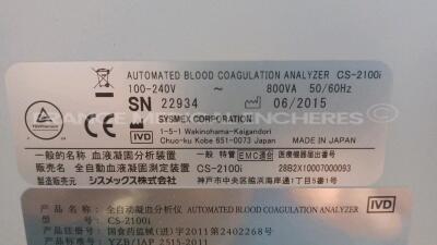 Sysmex Automated Blood Coagulation Analyzer CS-2100 - YOM 2015 - missing Workstation (Powers up) *22935* - 9