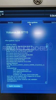 GE Ultrasound Voluson S6 BT15 - YOM 2015 - S/W 15.0.2 - Options - DICOM - IOTA LR2 - BT Activation w/ GE Probe 4C-RS - YOM 2015 see picture of the test and GE Footswitch FSU-3000G and Sony Digital Graphic Printer UP-D898MD (Powers up) *30980SU8* - 7