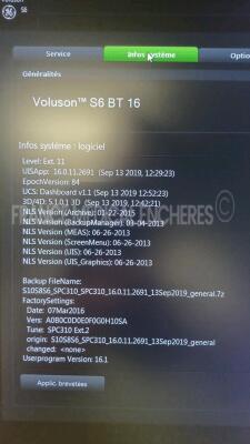 GE Ultrasound S6 BT16 - YOM 2017 - S/W 16.0.11 - Options - XTD - Advanced SRI - IOA LR2 - IEC 62359 Ed.2 - BT Activation w/ GE Probe C1-5-RS - YOM 2016 (Powers up) *VS6001190/234637YP7* - 5