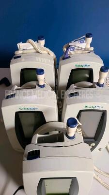 Lot of 5 x Welch Allyn Vital Signs Monitors 420 Series- only 4 power supplies including 2 x english plugs (All power up) *200602425/200201321/200701846/200201381/200701858* - 2