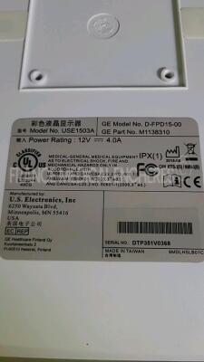 Lot of 2 x GE Patient Monitors F-FM-00 - YOM 2010 (No power) and 1 x GE Monitor D-FPD15-00 YOM 2015 untested du to the missing power supply and 1 x GE/Datex Ohmeda Keyboard K-ARKB-00 untested - 5