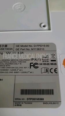 Lot of 2 x GE Patient Monitors F-FM-00 - YOM 2010 (No power) and 1 x GE Monitor D-FPD15-00 YOM 2015 untested du to the missing power supply and 1 x GE/Datex Ohmeda Keyboard K-ARKB-00 untested - 6