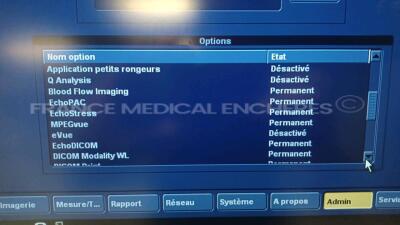 GE Ultrasound Vivid 7 Dimension - YOM 2009 - S/W 7.2.1 - Options - DICOM Media - 4D - TM Anatomic - TVI and Tissue Tracking - M3S / M4S - Blood Flow Imaging - Echo PAC - Echo Stress - MPEGVue - EchoDICOM - DICOM Modality - Advanced QScan Imaging - AFI - V - 9