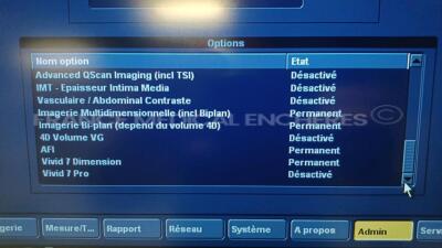 GE Ultrasound Vivid 7 Dimension - YOM 2009 - S/W 7.2.1 - Options - DICOM Media - 4D - TM Anatomic - TVI and Tissue Tracking - M3S / M4S - Blood Flow Imaging - Echo PAC - Echo Stress - MPEGVue - EchoDICOM - DICOM Modality - Advanced QScan Imaging - AFI - V - 10