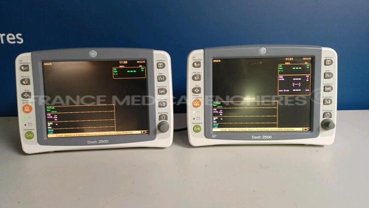 Lot of 2 x GE Patient Monitors Dash 2500 - YOM 2007 - S/W REV.RAC - Options ECG/SPO2/NIBP - Multilingual Device (Both powers up) *SCG07413831WA/SCG07413765WA*