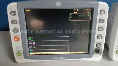 Lot of 2 x GE Patient Monitors Dash 2500 - YOM 2007 - S/W REV.RAC - Options ECG/SPO2/NIBP - Multilingual Device (Both powers up) *SCG07413831WA/SCG07413765WA* - 3