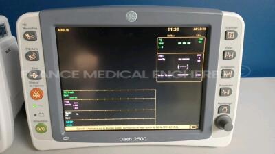 Lot of 2 x GE Patient Monitors Dash 2500 - YOM 2007 - S/W REV.RAC - Options ECG/SPO2/NIBP - Multilingual Device (Both powers up) *SCG07413831WA/SCG07413765WA* - 4