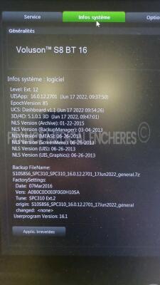 GE Ultrasound Voluson S8 BT16 - YOM 07/2016 - S/W 16.0.12 - in excellent condition - tested and controlled by GE Healthcare - Ready for clinical use - Options - 3D/4D Activation - Advanced 3D/4D Package - XTD - IOTA LR2 - IEC 62359 Ed.2 - BT Activation w - 6