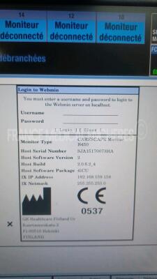 GE Patient Monitor Carescape B450 - YOM 2015 - S/W 2.0 - w/ 1 x GE Battery - YOM 2015 and 1 x GE Patient Data Module - YOM 2015 - Options ECG/Temp/DC/P1/P3/P2/P4/SPO2/PNI (Powers up - French Language - See Pictures) *SA315154728GA/SJA15170073HA* - 5