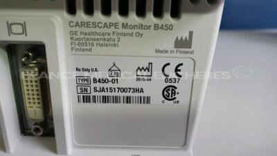 GE Patient Monitor Carescape B450 - YOM 2015 - S/W 2.0 - w/ 1 x GE Battery - YOM 2015 and 1 x GE Patient Data Module - YOM 2015 - Options ECG/Temp/DC/P1/P3/P2/P4/SPO2/PNI (Powers up - French Language - See Pictures) *SA315154728GA/SJA15170073HA* - 8