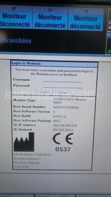 GE Patient Monitor Carescape B450 - YOM 2015 - S/W 2.0 - w/ 1 x GE Battery - YOM 2015 and 1 x GE Patient Data Module - YOM 2015 - Options ECG/Temp/DC/P1/P3/P2/P4/SPO2/PNI (Powers up - French Language - See Pictures) *SA315154894GA/SJA15170108HA* - 5