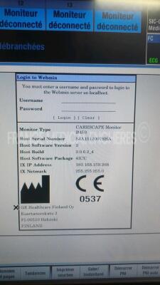 GE Patient Monitor Carescape B450 - YOM 2015 - S/W 2.0 - w/ 1 x GE Battery - YOM 2015 and 1 x GE Patient Data Module - YOM 2015 - Options ECG/Temp/DC/P1/P3/P2/P4/SPO2/PNI (Powers up - French Language - See Pictures) *SA315154914GA/SJA15170078HA* - 5