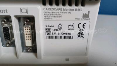 GE Patient Monitor Carescape B450 - YOM 2015 - S/W 2.0 - w/ 1 x GE Battery - YOM 2015 and 1 x GE Patient Data Module - YOM 2015 - Options ECG/Temp/DC/P1/P3/P2/P4/SPO2/PNI (Powers up - French Language - See Pictures) *SA315154914GA/SJA15170078HA* - 7