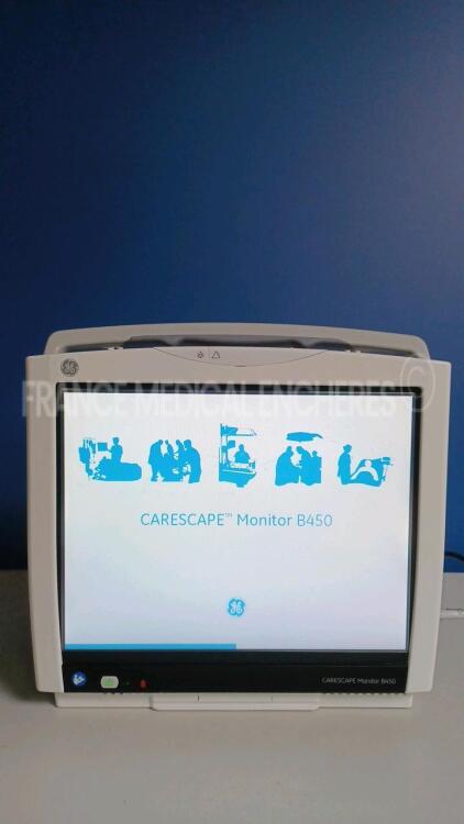 GE Patient Monitor Carescape B450 - YOM 2015 - S/W 2.0 - w/ 1 x GE Patient Data Module - YOM 2015 - Options ECG/Temp/DC/P1/P3/P2/P4/SPO2/PNI (Powers up - French Language - No Batteries - Damaged - See Pictures) *SJA15170106HA/SA315154618GA*