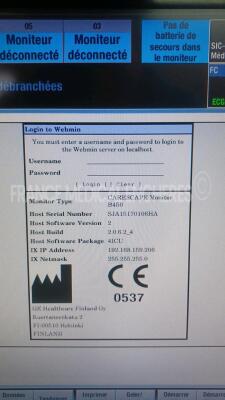 GE Patient Monitor Carescape B450 - YOM 2015 - S/W 2.0 - w/ 1 x GE Patient Data Module - YOM 2015 - Options ECG/Temp/DC/P1/P3/P2/P4/SPO2/PNI (Powers up - French Language - No Batteries - Damaged - See Pictures) *SJA15170106HA/SA315154618GA* - 5