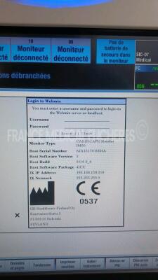 GE Patient Monitor Carescape B450 - YOM 2015 - S/W 2.0 - w/ 1 x GE Patient Data Module - YOM 2015 - Options ECG/Temp/DC/P1/P3/P2/P4/SPO2/PNI (Powers up - French Language - No Batteries - Damaged - See Pictures) *SA315068873GA/SJA15170105HA* - 5