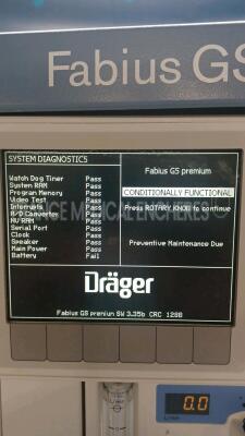 Drager Ventilator Fabius GS premium - YOM 2009 - S/W 3.35 - 35 589 hours -(Powers up) *asal0055* - 5