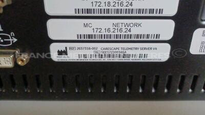 Lot of 1 x GE Central Station Carescape MAI700 - YOM 2017 - French Language (Powers up) and 1 x GE Telemetry Server Carescape MP100R - YOM 2017 (Powers up) and 5 x GE Telemetry Transmitters T4 - YOM 2011/2015 (All power up) *SKN17190072SA/SEE17210016SA/SF - 7