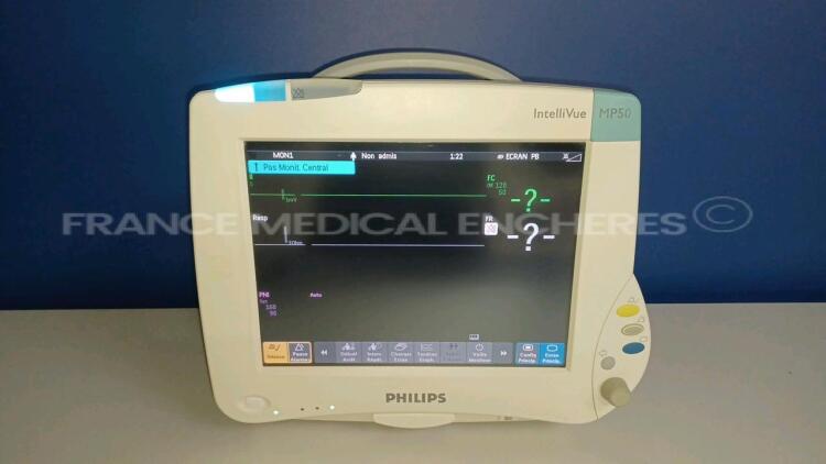 Philips Patient Monitors Intellivue Cardiac MP50 - YOM 2005 - S/W K.21.42 - French Language - w/ 1 x Philips Modules M3001A - YOM 2009 (Powers up) *DE44019052/DE907T1599*