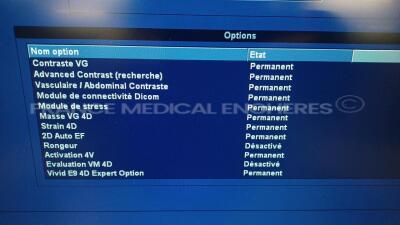 GE Ultrasound Vivid E9 - YOM 2015 - S/W 113 - Options - 4D - 4D Advanced - Advanced QScan Imaging - AFI - IMT - SCan Assist Pro - VG Contrast - Advanced Contrast - DICOM - Stress Module - 2D - Vivid E9 4D Expert Option w/ GE Probe M5Sc-D - YOM 2021 (Power - 15