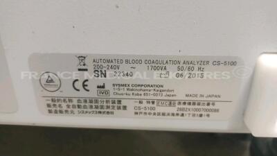 Sysmex Automated Blood Coagulation Analyzer CS-5100 - YOM 2015 - missing Workstation (Powers up) *22340* - 8