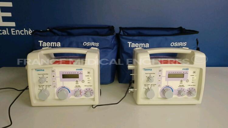 Lot of 2 x Taema Ventilator Osiris 1 - S/W V1.020 - w/ 2 x Power Supplies and 2 x Transport Carry Cases (Both power up) *D0412/A0504*