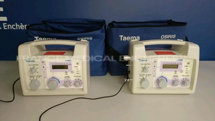 Lot of 2 x Taema Ventilator Osiris 1 - S/W V1.020 - w/ 2 x Power Supplies and 2 x Transport Carry Cases (Both power up) *A0515/A0488*