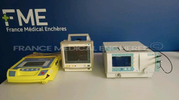 Lot of 1 x Philips Patient Monitor M304A - YOM 2003 and 1 x Atys Medical Ultrasonic Blood Flow Detector BASIC and 1 x Schiller Defibrillator FRED (No Power - Damaged - For spare parts - See Pictures) *110600/48415575*